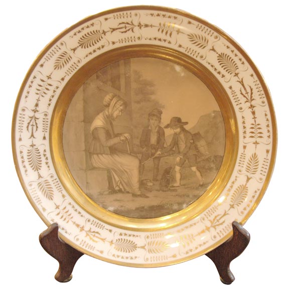 Paris Porcelain Cabinet Plate with Sepia-Tone Scene For Sale